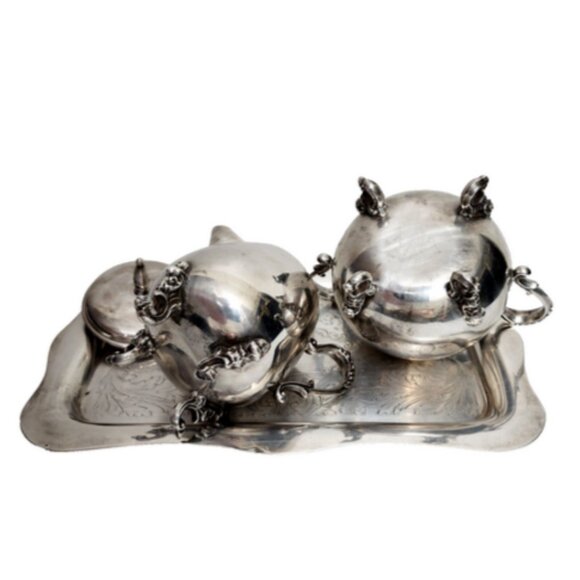 Vintage Silverplate Sheridan Cream & Sugar with  Silver over Copper Tray - Picture 4 of 5